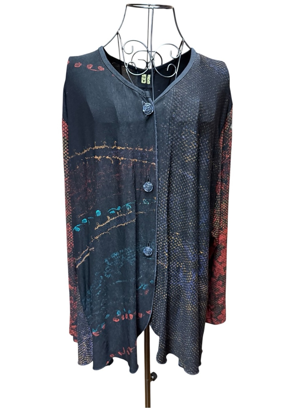 JG Mad Lab Black Graphic Rose button Top XL